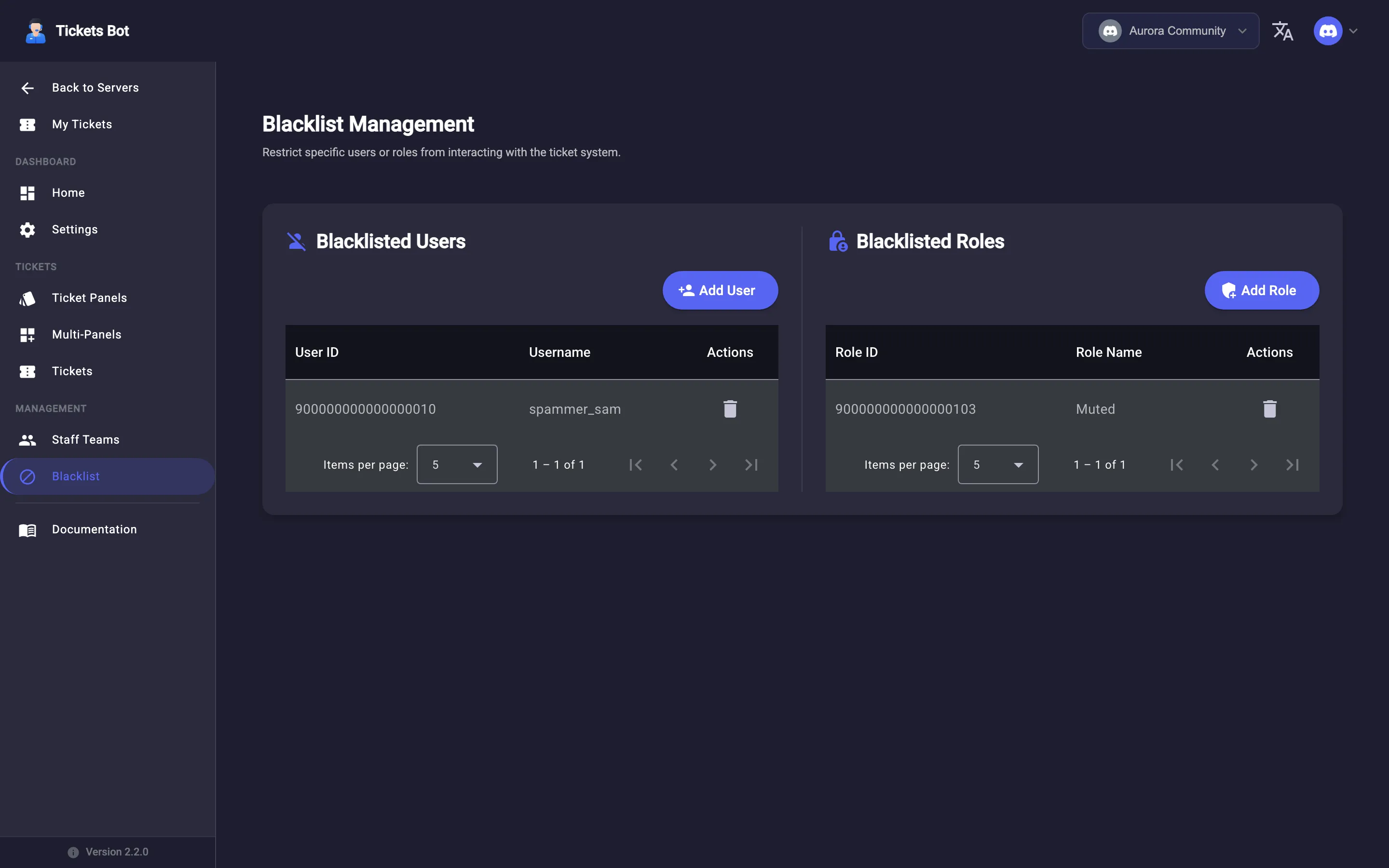 The Blacklist page with blacklisted users and roles