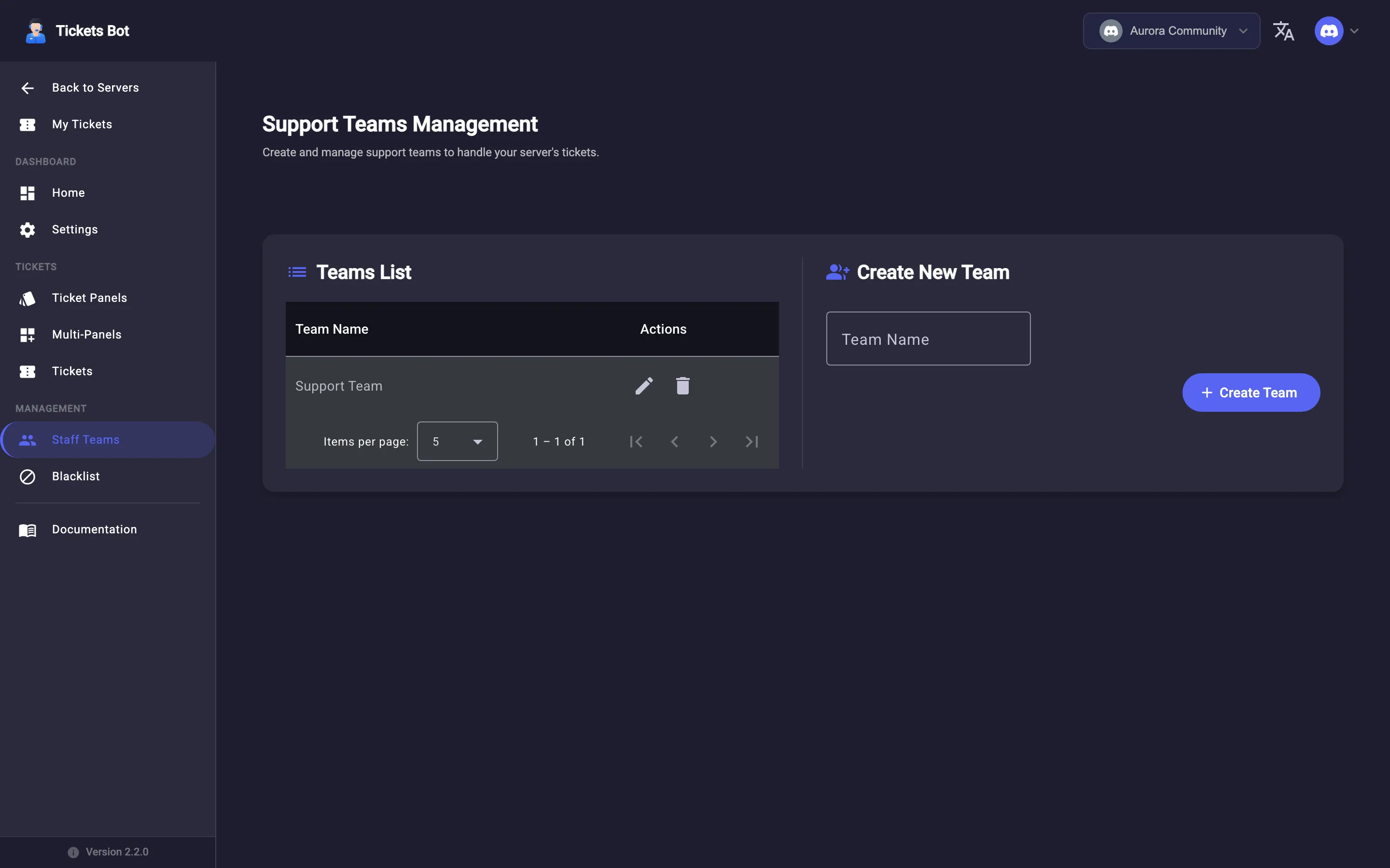 The Support Teams management page