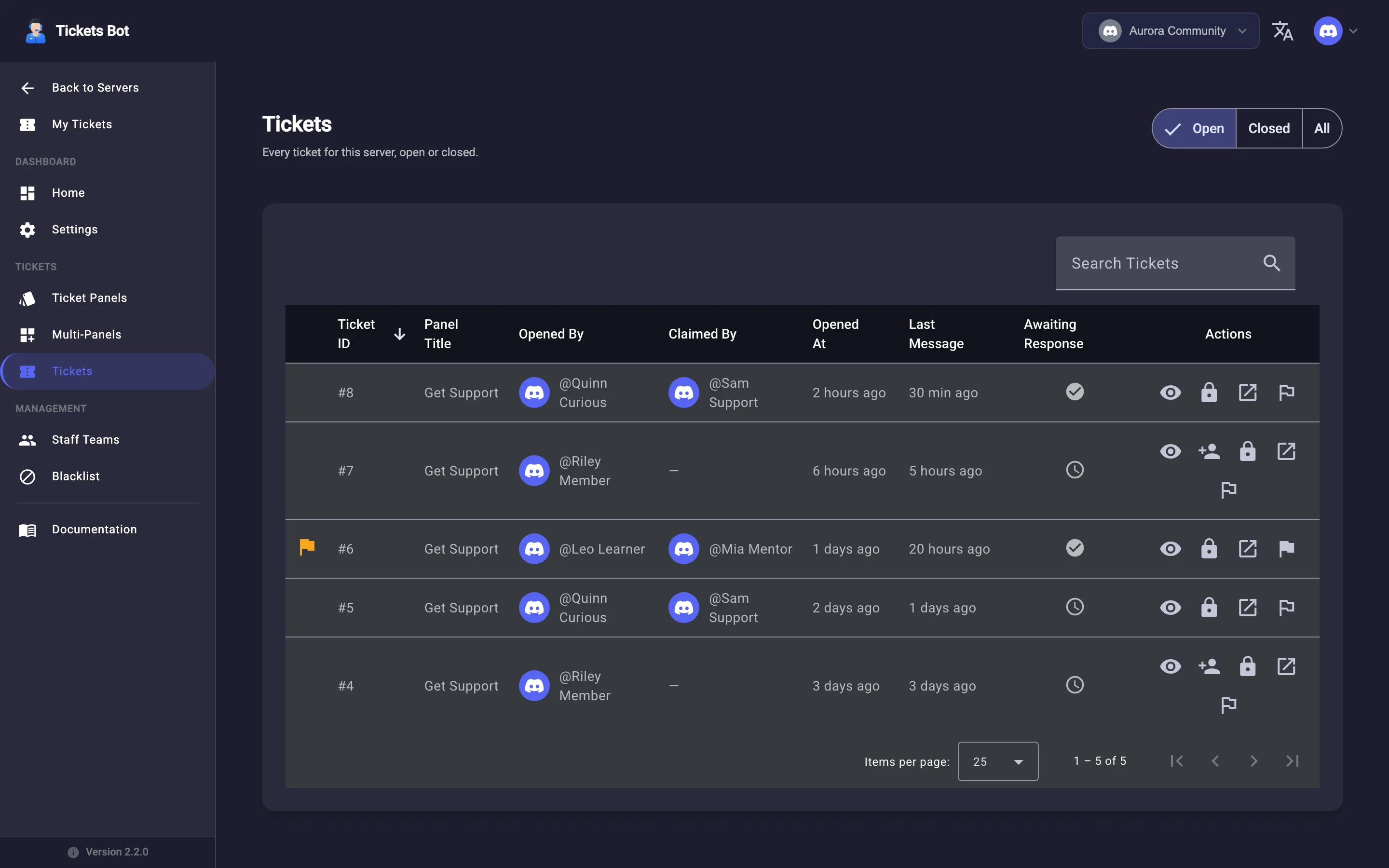 The Tickets page with the Open/Closed/All filter and ticket rows